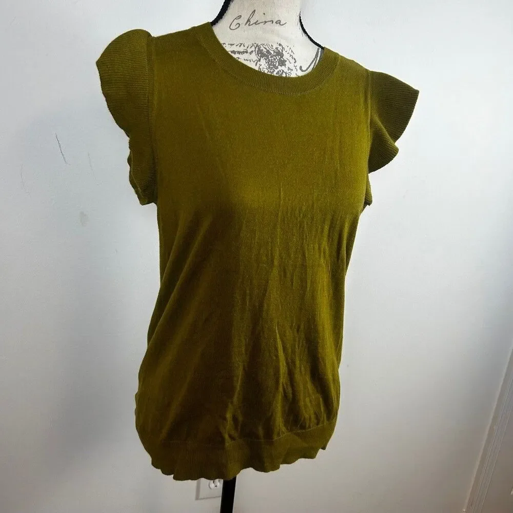 LOFT Outlet Women's Medium Olive Green Ruffle Cap Sleeve Knit Sweater Top